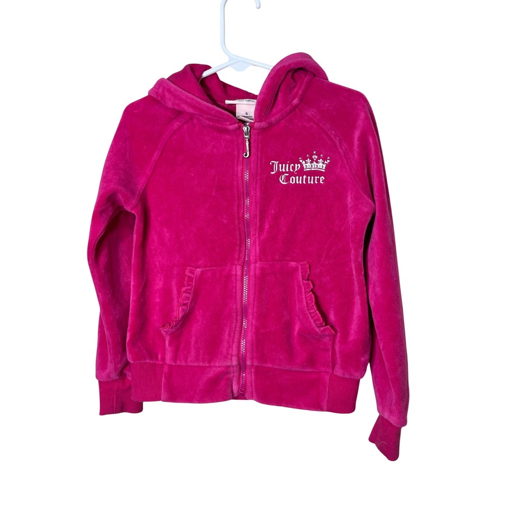 Juicy Couture Velour Zip Up Jacket Girls Size 5 Pink Crown Logo Heart Rhinestone